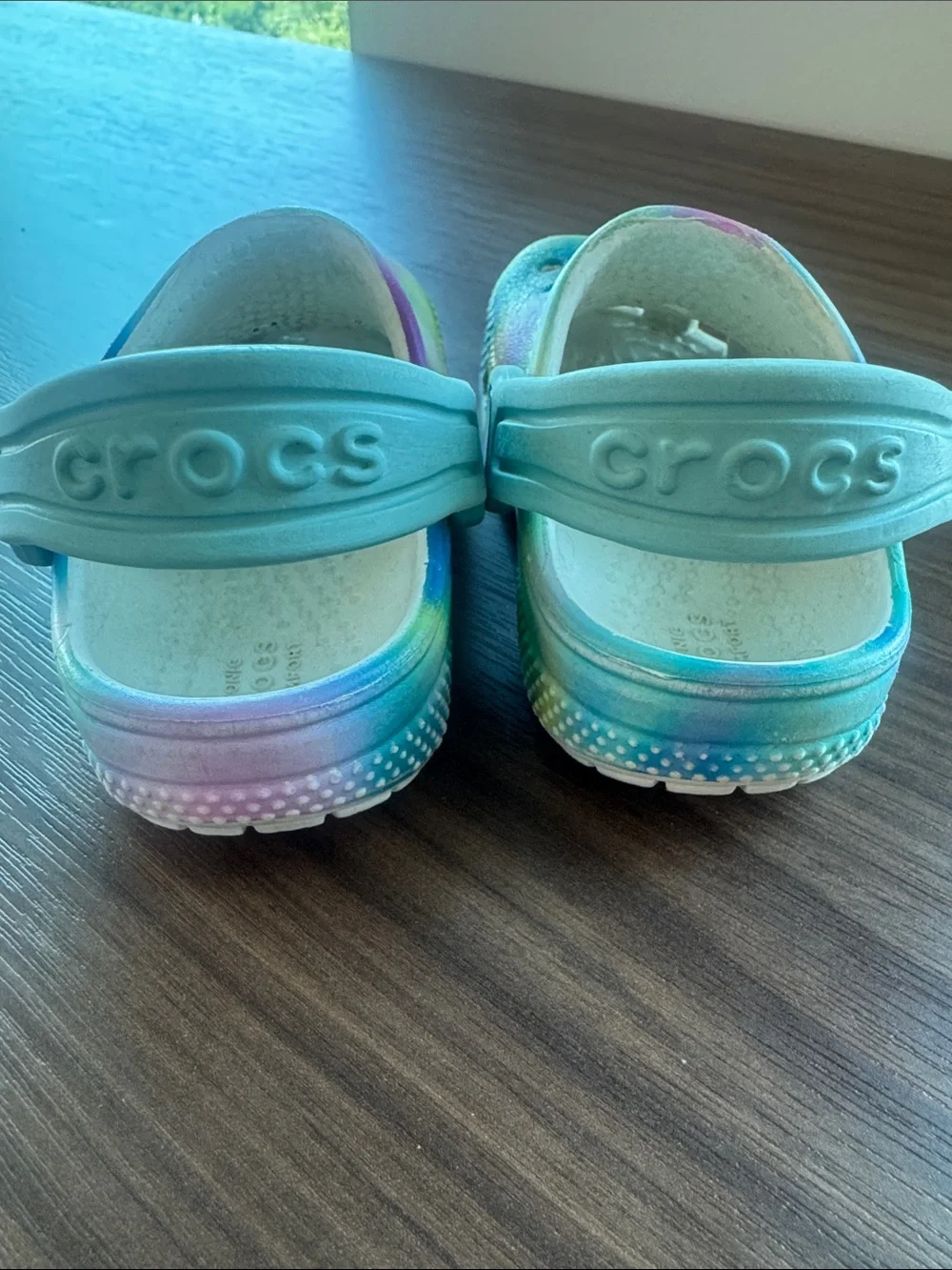 CROCS Kids Tie-Dye Foam Clogs in Blue, Purple, Yellow, Green